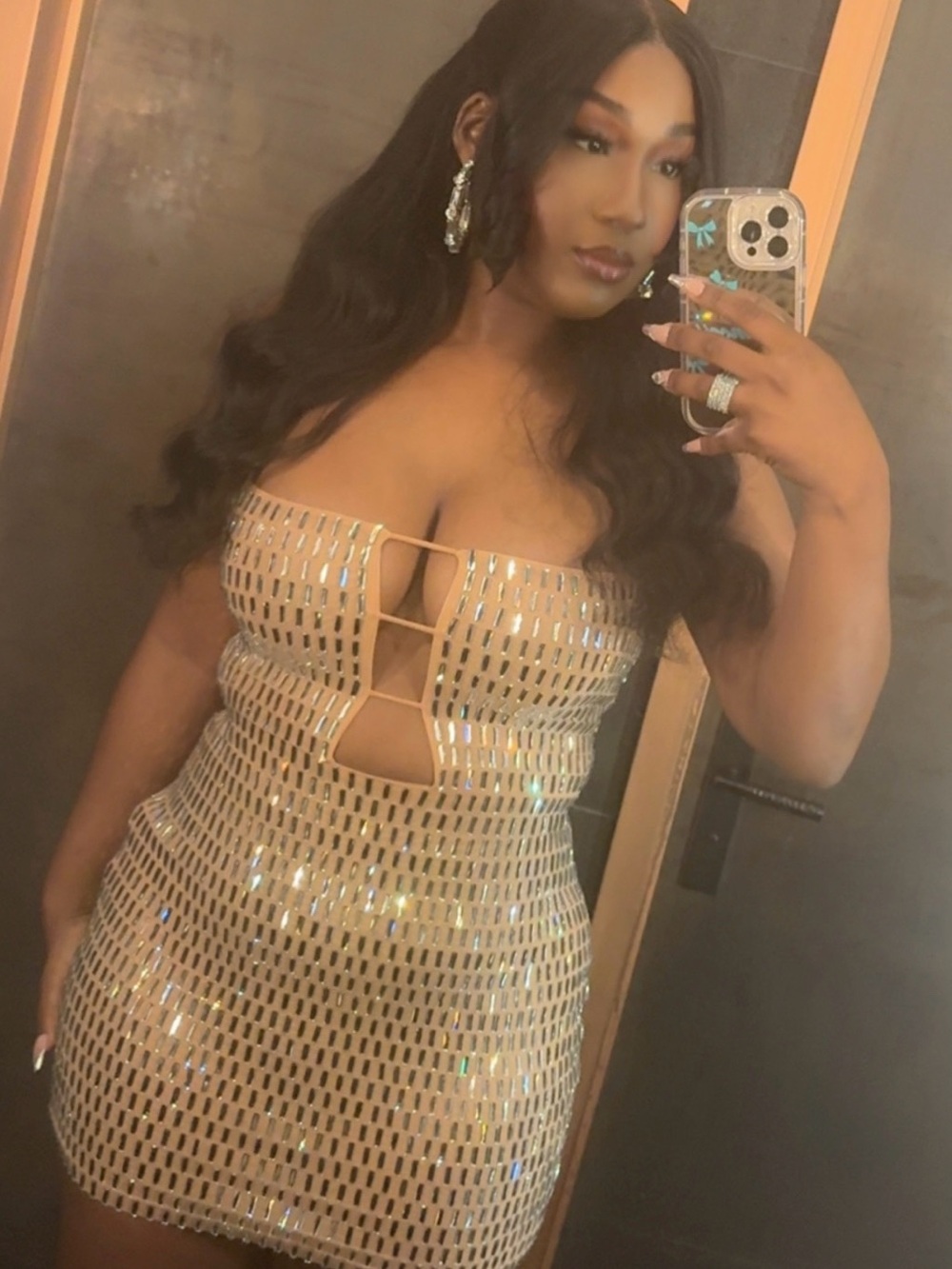 Oh Polly Strapless Holographic Cutout Mini Dress - Gold